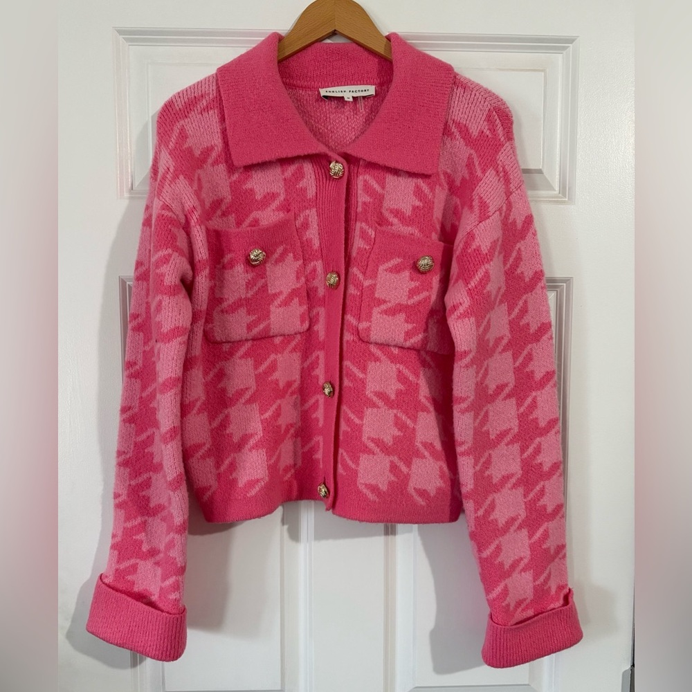 Pink Houndstooth Cardigan
